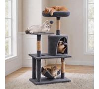 Klyvvo Arbre à Chat 112 cm, Petit Arbre a Chat pour Chats, avec 3 Poteaux à Griffer, 2 Plateformes, 1 Niche, 1 Hamac, 2 Pompons, Gris Fumé