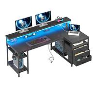 Klyvvo Bureau d'angle avec Rangement 3 Tiroirs, 120x80 Grand Bureau Gaming en L avec LED, Support d'écran,Port de Chargement USB et Prise de Courant,Table pour Travailler et Jouer,Bureaux à HomeOffice
