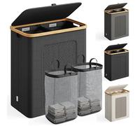 Klyvvo Panier à Linge 2 Compartiments avec Couvercle 140L, en Cadr Bambou & Tissu Oxford 600D Étanche, panier linge sale avec Sacs Intérieurs Amovibles, parfait pour la Buanderie, la Chambre, Noir