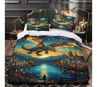 KLZXCVBNMQW Fantasy Dragon Linge de Lit Microfibre Hypoallergique 3D Effet 3 Pièces 2xTaies Douce Stained Glass Parure de Lit Ultra Douce Entretien Facile for Garçons Filles Single（135x200cm）