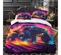 KLZXCVBNMQW Offroad Truck Racing Parure Lit Microfibre Hypo 3D 3Pcs Éclair Douce Vibrant Neon Ensemble Lit Douce Entretien Fac for Couple Amoureux Single(135x200)