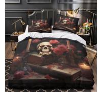 KLZXCVBNMQW Skull with Roses Ensemble De Literie 3D Effet Microfibre 3 Pièces 2 Taies Douce Confortable Gothic Still Life Linge de Lit Respirante Résistante for Adolescent Single（135x200cm）