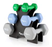 KM-Fit Set d’haltères 18 kg avec support | Haltères courts en néoprène 1-5 kg | Fonte avec poignée ergonomique | Anti-roulage | Fitness & musculation à domicile