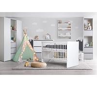 KMbaby Dalia Ensemble de Meubles pour Un Enfant Lit avec Barrière Tiroir Commode Armoire Commode Superposition Étagère Style Suspendu Bois Minimaliste Panneau MDF Blanc Lit Bébé 124x85x66cm