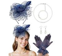 KMGDM Chapeau bibi élégant en tulle aéré avec gants en dentelle assortis, tour de cou pour la saison, bleu marine, taille unique