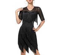 KMGDM Robe de danse latine à franges pour spectacles sur scène - Tissu de soie de lait et paillettes étincelantes pour femme, Noir , L