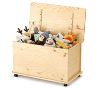 KMH® Coffre à jouets en bois naturel avec 4 roulettes doubles et couvercle, 70L coffre de rangement en bois massif de pin, banc coffre, boîte de rangement avec charnière à barre 73 x 40 x 43,5 cm
