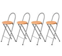 KMH® Tabouret Bill Lot 4, pliable, dossier & repose-pieds - Argent/Hêtre | Hauteur d'assise 73 cm, monté, pliable et compact, cadre acier et assise MDF décor hêtre - pour cuisine, bar et événements