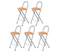 KMH® Tabouret Bill Lot 5, pliable, dossier & repose-pieds - Argent/Hêtre | Hauteur d'assise 73 cm, monté, pliable et compact, cadre acier et assise MDF décor hêtre - pour cuisine, bar et événements