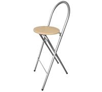 KMH® Tabouret Bill - Pliable, Argent/Hêtre - Tabouret avec Dossier & Repose-Pieds, Structure en Acier, Hauteur d’Assise 73,5 cm - Peu encombrant & Stable pour Cuisine, Bar & événements