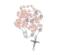 KMIMO 6 MM perles roses chapelet avec crucifix et médaille Notre-Dame de Lourdes, perles cristallisées collier chapelet catholique pour femme avec sac en velours
