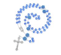 KMIMO 8 MM Chapelet en cristal bleu avec Jésus Crucifix et médaille de Lourdes, Perles de fleur de rose en résine bleue, collier de chapelet catholique pour femme avec pochette de chapelet