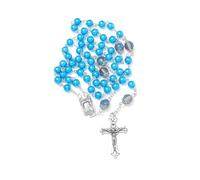 KMIMO Collier chapelet perles de verre bleu 6 MM avec crucifix et médaille Notre-Dame de Lourdes, collier chapelet catholique pour femme avec sac en velours