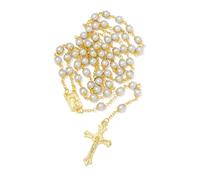KMIMO Collier de perles de chapelet en perles blanches de 6 mm, chapelet catholique plaqué or pour femmes pratiquantes, avec médaille Notre-Dame de Lourdes et crucifix