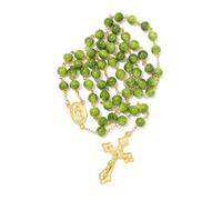 KMIMO Collier de perles de chapelet vert de 8 mm avec médaille de Lourdes plaqué or 18 carats et crucifix, collier de chapelet catholique pour femme avec sac en velours