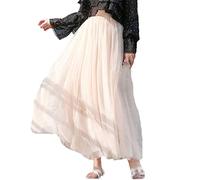 KMMBBTY Femmes Maxi Longue Jupe en Tulle Printemps été Taille Haute élastique Filles Longue Longueur Jupes en Maille Beige M