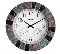 Kmok Horloge murale étanche en ardoise synthétique de 34,3 cm avec thermomètre et hygromètre - Horloge ronde décorative silencieuse à piles pour terrasse et maison (cadre gris/rouge/noir)