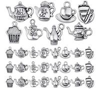 KMOSPAD Lot de 40 breloques en forme de tasse à thé en argent antique tibétain vintage mixte théière, tasse à café, fournitures d'artisanat pour fabrication de colliers, bracelets, boucles d'oreilles