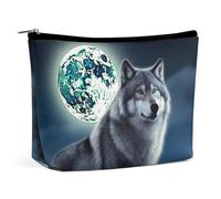 KMRHOUTIQ Petite trousse de maquillage avec fermeture éclair - Motif loup sous la lune - Trousse de toilette de voyage en cuir pour femme - Étanche - Portable - Fermeture éclair - Mini trousse de