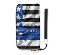 KMRHOUTIQ Portefeuille fin en cuir avec dragonne, porte-monnaie, porte-cartes de crédit, motif drapeau américain bleu