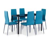 KMTNERVG Ensemble de 7 pièces - Bleu - Table à manger avec 6 chaises | Verre trempé, revêtement en cuir synthétique, siège rembourré, design moderne