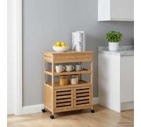 KMUNGDWG Chariot de cuisine en bambou avec roues, naturel, 59,5 x 36 x 82 cm, chariot de cuisine moderne avec portes à lamelles et compartiment, roulettes pivotantes à 360° avec freins, station de
