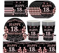KNBMCAV 69pcs Noir Or Rose Vaisselle de Fête, 18 ans Vaisselle Lot, Assiette en papier, Gobelet, Serviette en Papier, Nappe,Vaisselle Assiettes de Fête Decoration -16 Invités