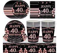 KNBMCAV 69pcs Noir Or Rose Vaisselle de Fête, 40 ans Vaisselle Lot, Assiette en papier, Gobelet, Serviette en Papier, Nappe,Vaisselle Assiettes de Fête Decoration -16 Invités