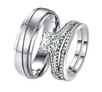 Knbob 2pcs sa sienne d'anneaux assortis ensembles argentés cubiques zirconise de forme carrée anneau femme taille l 1/2 & hommes taille v 1/2