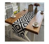 KnBoB Chemin de Table en Lin Coton Noir Blanc Motif Géométrique avec Frange 32x220 CM Décoration de Table à Manger pour Fête