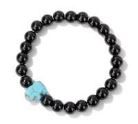 KNDSSMY Bracelet Unisexe Extensible en Perles de Pierre Naturelle, Réglable, 8mm, en Verre Noir avec Breloque Éléphant Turquoise Bleu, Bracelet de Yoga Fait Main.