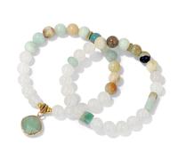 KNDSSMY Lot de 2 Bracelets Extensibles en Pierre Naturelle Faits Main, Unisexes, 8mm, en Amazonite et Jade Blanc, avec Breloque en Forme de Losange, Cadeaux pour Amoureux et Meilleurs Amis.