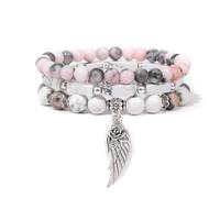 KNDSSMY Lot de 3 Bracelets Extensibles en Pierre Naturelle pour Femmes et Hommes, Réglables, Faits À La Main, avec Breloque en Forme D'Aile D'Ange, Style Yoga, Élégant et Charmant, Motif Zèbre Rose