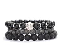KNDSSMY Lot de 3 Bracelets Tendance en Pierre Naturelle Faits À La Main, Unisexes, Extensibles en Obsidienne Noire avec Breloque Tête de Lion, Perles de 8mm, Élégants et Charmants, Argentés de 8mm