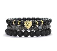 KNDSSMY Lot de 3 Bracelets Tendance en Pierre Naturelle Faits À La Main, Unisexes, Extensibles en Obsidienne Noire avec Breloque Tête de Lion, Perles de 8mm, Élégants et Charmants, Dorés de 8mm