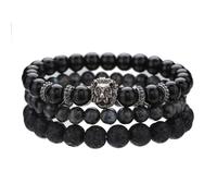 KNDSSMY Lot de 3 Bracelets Tendance en Pierre Naturelle Faits À La Main, Unisexes, Extensibles en Obsidienne Noire avec Breloque Tête de Lion, Perles de 8mm, Élégants et Charmants, Noirs de 8mm