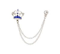 Knighthood Élégante couronne argentée avec détails en cristal bleu - Chaîne suspendue en métal - Badge pour manteau, costume, cadeau de mariage, fête, col de chemise, accessoires pour homme, Métal