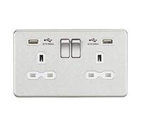 Knightsbridge Prise 2G commutée avec Chargeur USB Double 2,4 A Chrome brossé avec Insert Blanc 13 A SFR9224BCW