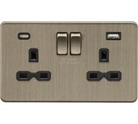 Knightsbridge Prise commutée SP 13 A 2 G avec double USB C + A 5 V DC 4,0 A [partagée] - Laiton antique