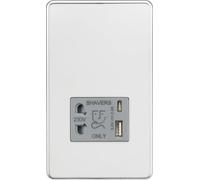 Knightsbridge Prise rasoir sans vis avec double USB A+C (5 V CC 2,4 A partagé) - Chrome poli avec insert gris