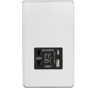 Knightsbridge Prise rasoir sans vis avec double USB A+C (5 V DC 2,4 A partagé) - Chrome poli avec insert noir