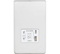 Knightsbridge Prise rasoir sans vis avec double USB C (5 V CC 2,4 A partagé) - Chrome poli avec insert blanc