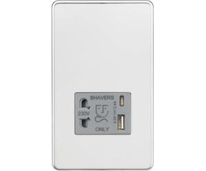 Knightsbridge Prise rasoir sans vis avec double USB C (5 V CC 2,4 A partagé) - Chrome poli avec insert gris