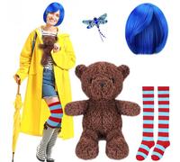 Knitgrip Lot de 4 accessoires de costume d'Halloween comprenant des perruques bleues, une libellule, une épingle à cheveux, une chaussette rouge et bleue, poupée ours pour femme et adulte, Halloween