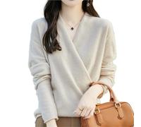 Knitwear Women's V-Neck Pullover Sweater Autumn Winter Female Grace Soft Clothes Long Sleeve Warm Fashion Tops(Beige,M)