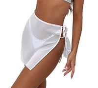KnniMorning TEES Mini jupe transparente en maille pour femme - Taille haute - Jupe patineuse unie - Cache-maillot de plage sans slip, Blanc fendu, Small