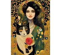KNOBCO Gustav Klimt Affiches《Femme,Fleurs avec Chat》Peinture sur Toile Gustav Klimt Wall Art et Impression Murale pour La Décoration d'Intérieur 40x60cm sans Cadre