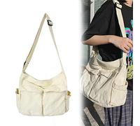 Knowoo Canvas Messenger Bag Large Capacity Hobo Crossbody Bag with Multiple Pockets Casual Bags Shoulder Tote Bag for Women and Men Shopping Work Traveling M Blanc