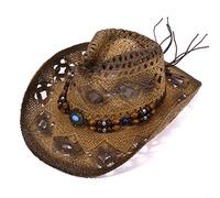 Knowoo Chapeau de Cowboy pour Femmes Western Chapeau extérieur Ombre Respirante Paille Creux Chapeau Cowboy Chapeau Mode Vacances Hat de Plage Naturel Paille d'été M (56-58 cm)