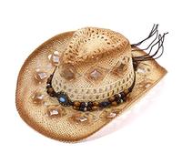 Knowoo Chapeau de Cowboy pour Femmes Western Chapeau extérieur Ombre Respirante Paille Creux Chapeau Cowboy Chapeau Mode Vacances Hat de Plage Naturel Paille d'été M 56-58 cm Beige